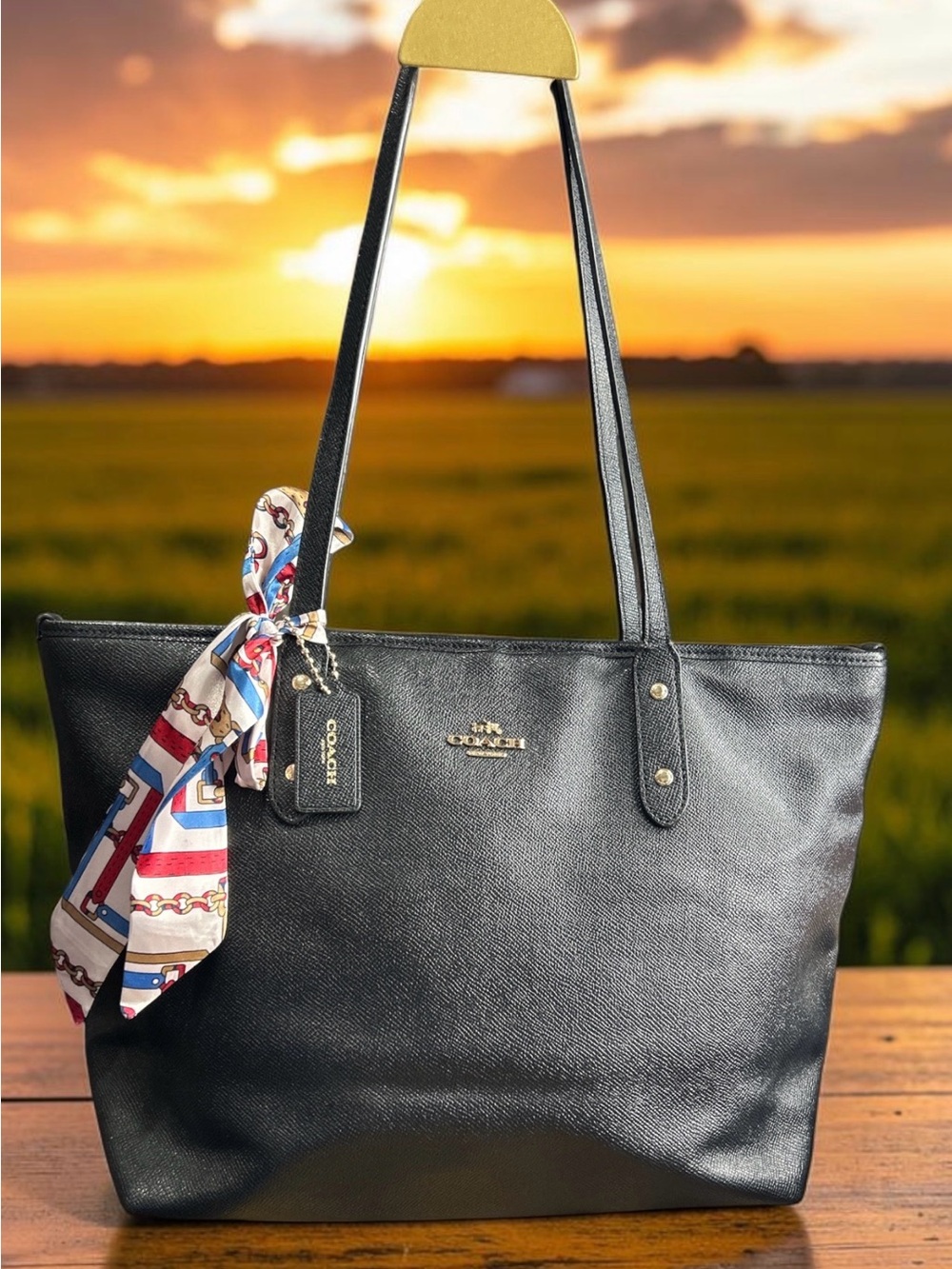 Coach Black Leather Tote with Patterned Scarf Accent